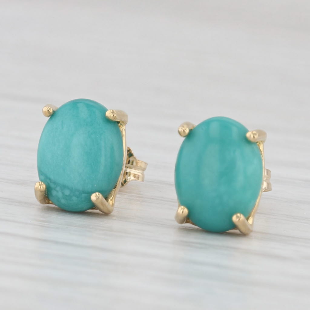 Light Gray Oval Cabochon Turquoise Solitaire Stud Earrings 14k Yellow Gold