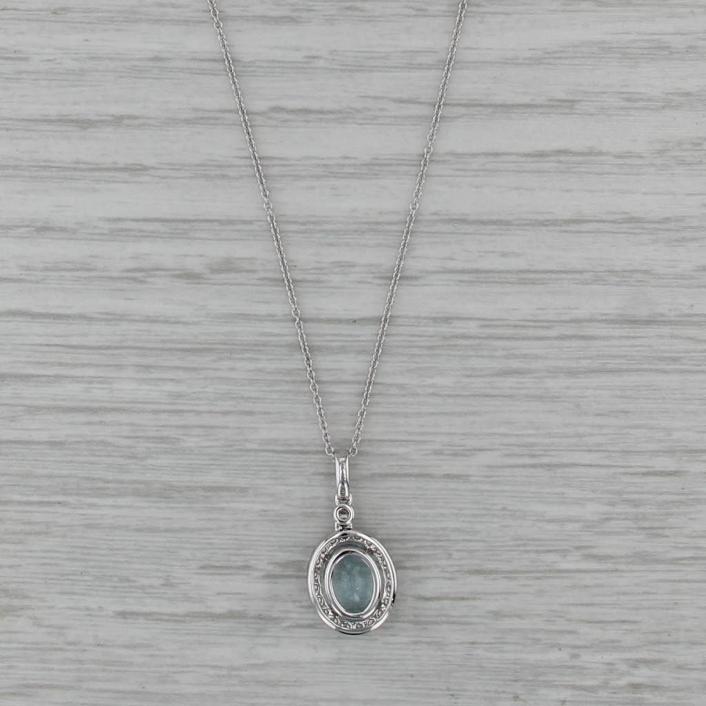 New 1.45ctw Aquamarine Diamond Halo Pendant Necklace 14k White Gold 18"