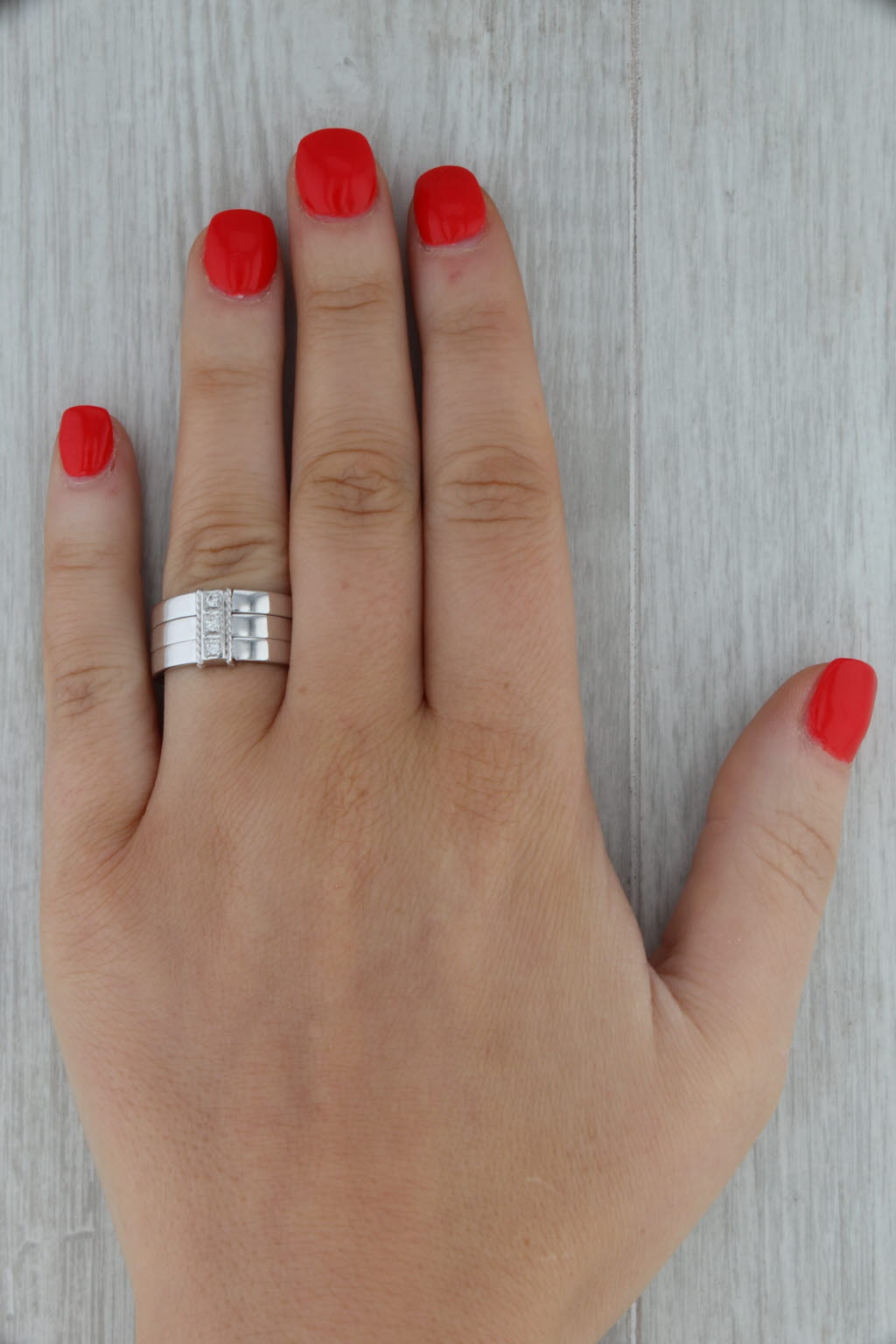 Diamond 3-Stone 3-Band Ring 18k White Gold Size 6 Penny Preville