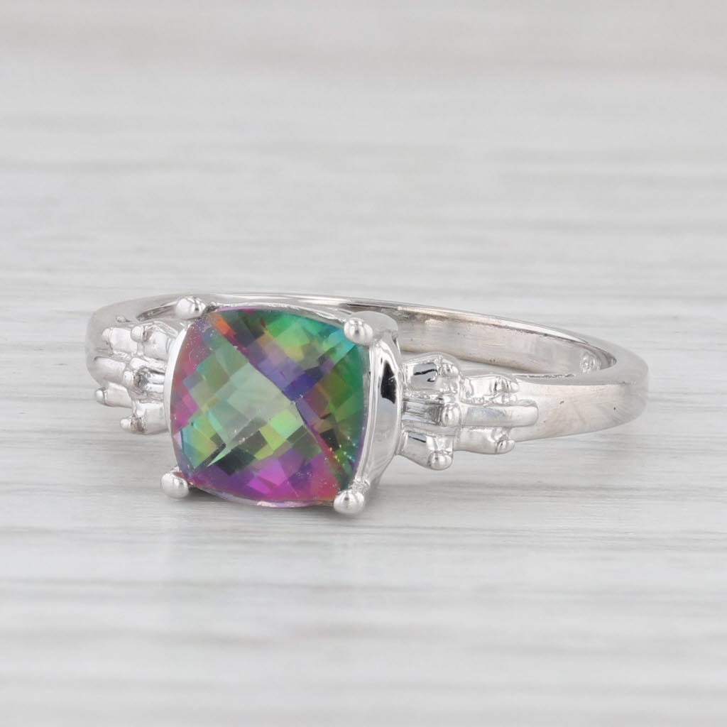 Light Gray 1.85ct Mystic Topaz Cushion Solitaire Ring 10k White Gold Diamonds Size 7.25