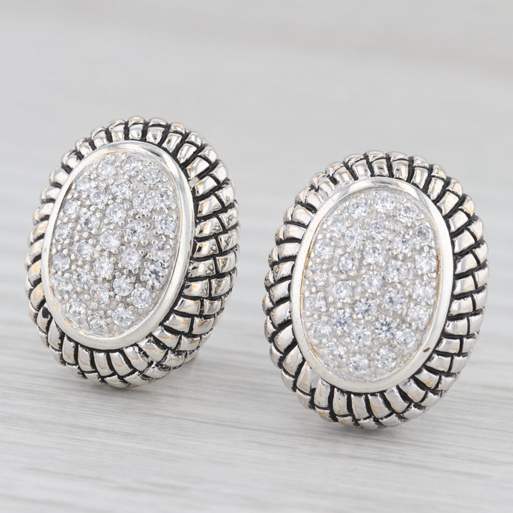 Light Gray Pave Cubic Zirconia Earrings Sterling Silver Pierced Omega Back Drops