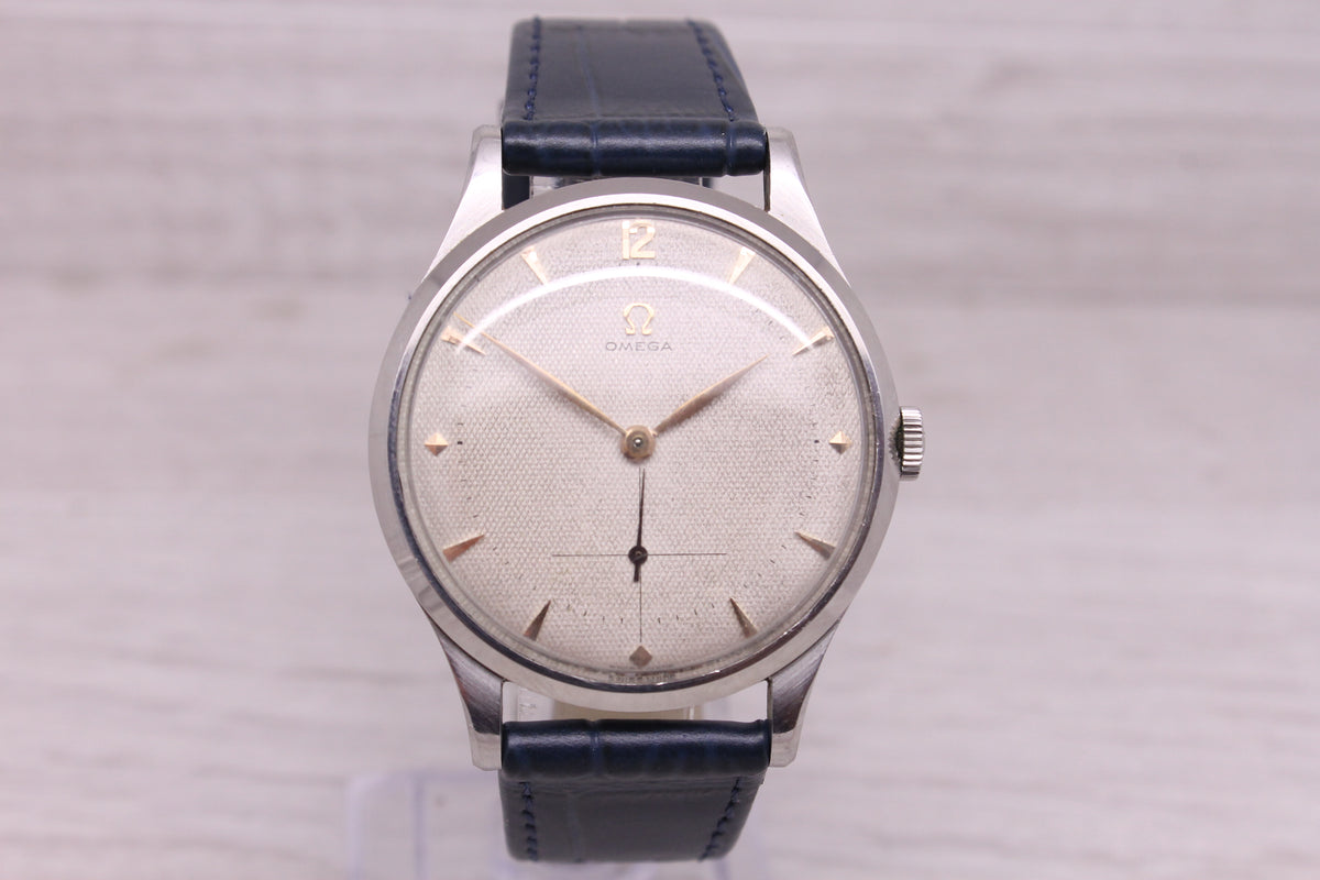 Vintage 1952 Omega Jumbo 37.5mm Steel Mens Watch Waffle Dial c.266 ref.2609