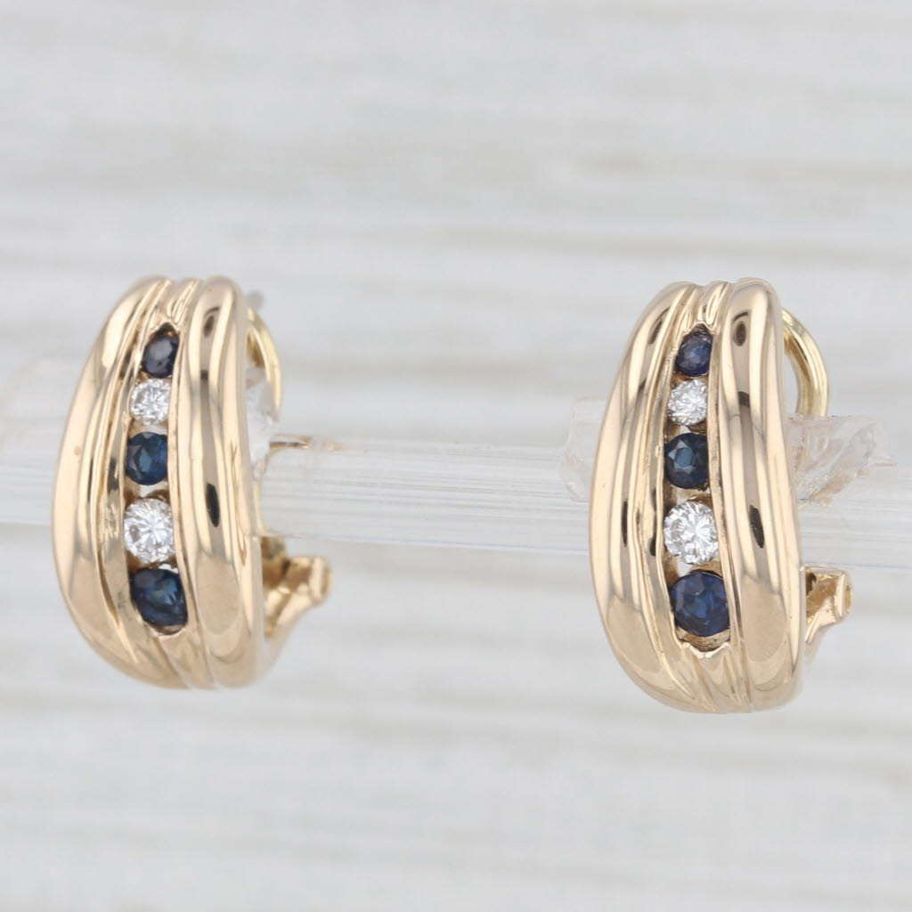 Light Gray 0.46ctw Blue Sapphire Diamond J-Hook Earrings 14k Gold Drops Omega Backs