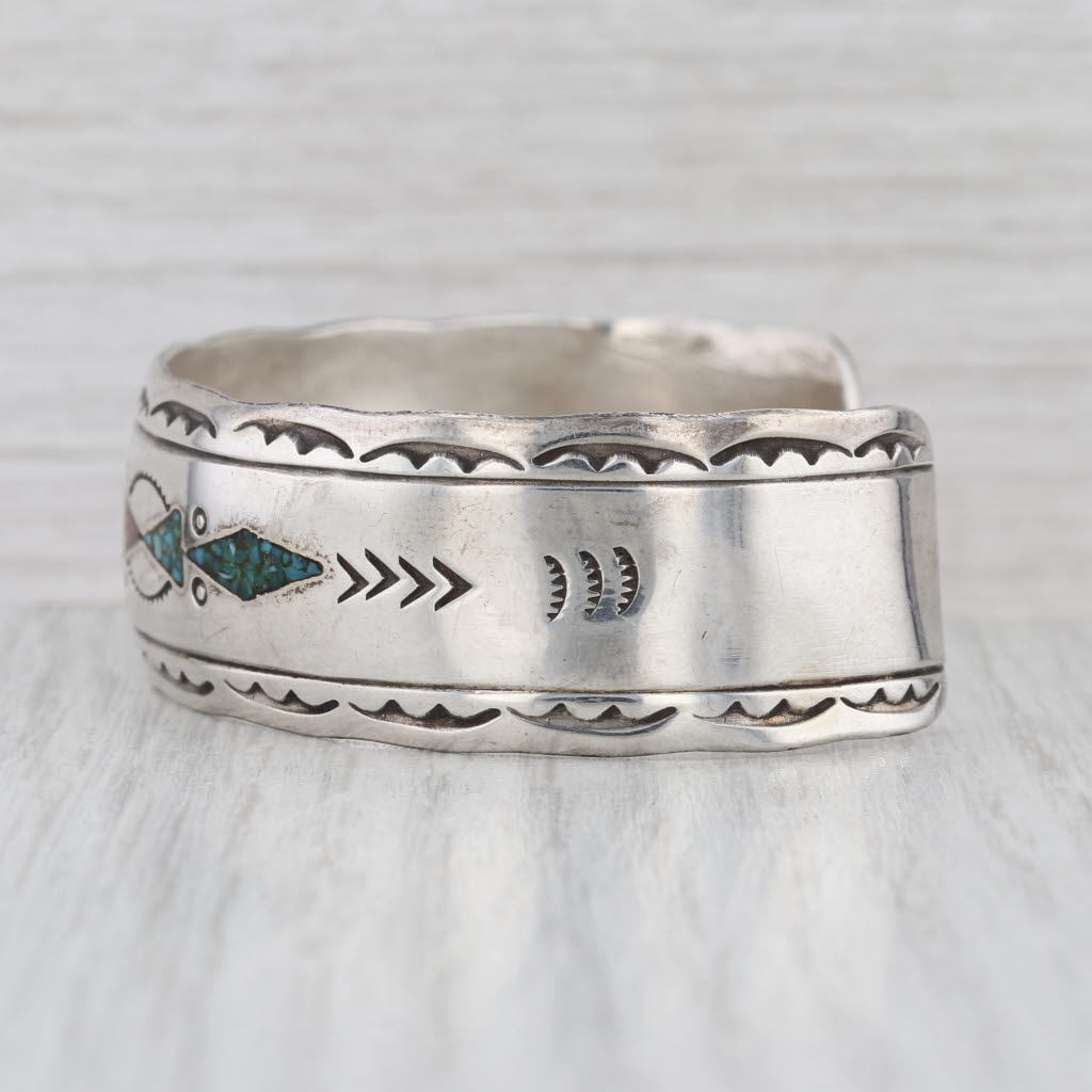 Turquoise Coral Cuff Bracelet Sterling Silver Vintage Native American Navajo