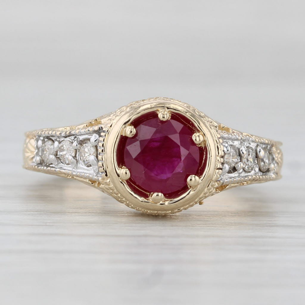 Light Gray 0.96ctw Ruby Diamond Ring 14k Yellow White Gold Size 6 Ornate Floral Pattern