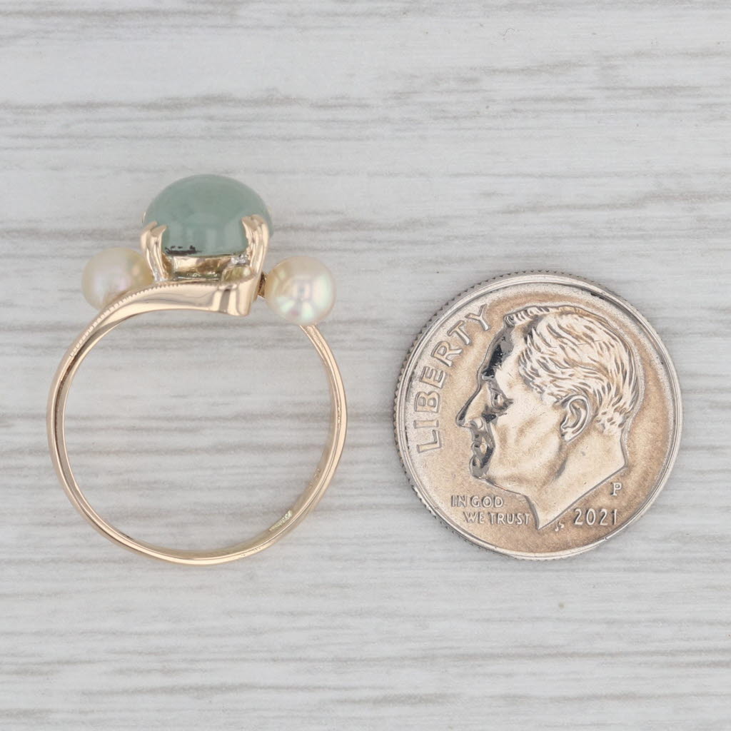 Gray Cultured Pearl Green Serpentine Bypass Ring 10k Yellow Gold Size 6 Vintage