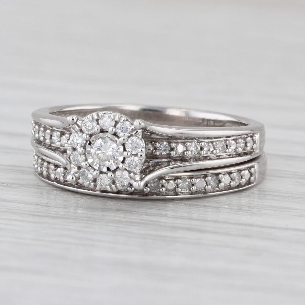 0.35ctw Diamond Halo Engagement Ring Wedding Band Bridal Set 10k White Gold Sz 7