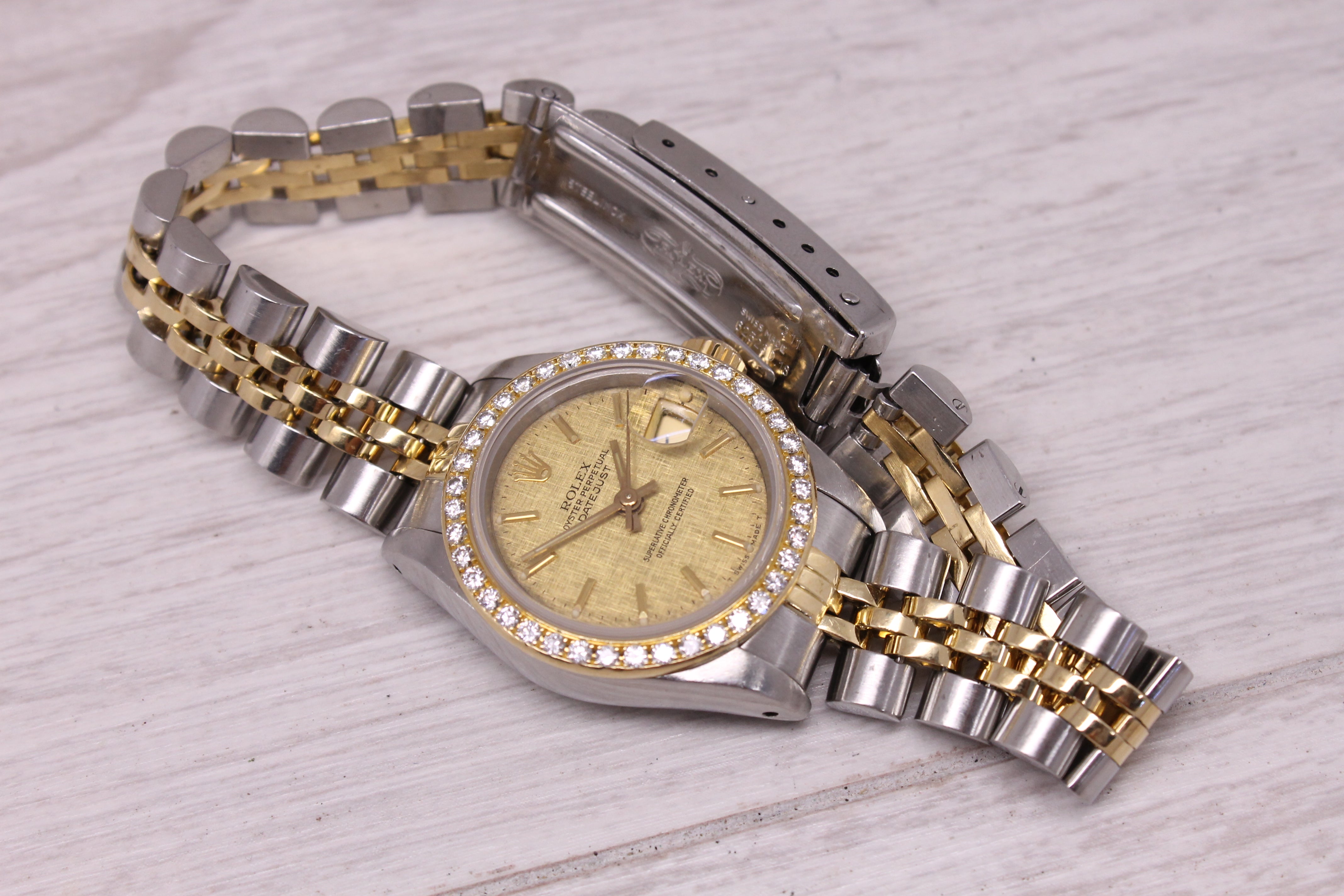 Vintage 1986 Rolex Datejust Ladies 69173 Steel & 18k Gold Diamond Bezel Linen
