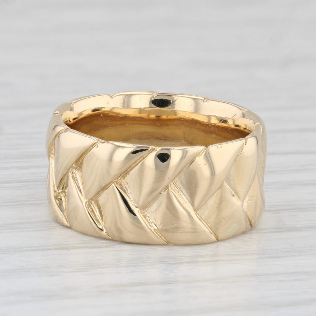 Light Gray Basket Weave Solid Gold Wide Band Ring 18k Yellow Gold Size 5 1/4