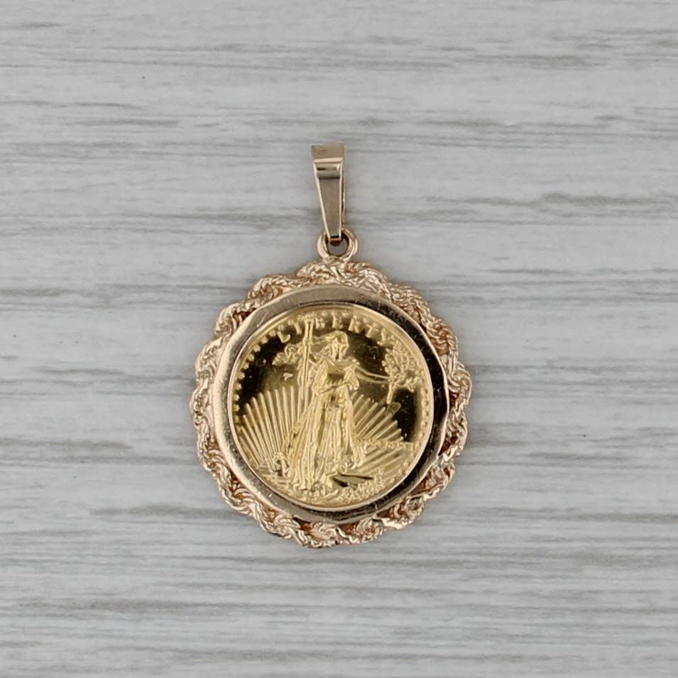 1991 American Gold Eagle Coin Pendant 14k 22k Yellow Gold 5 Dollar 1/10oz