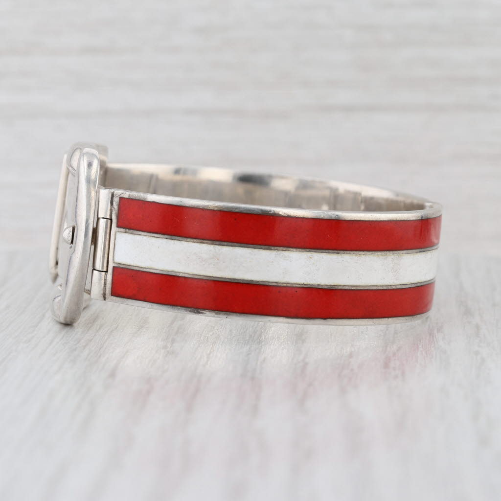 Gucci Belt Bangle Bracelet Sterling Silver Red White Enamel 6.5"
