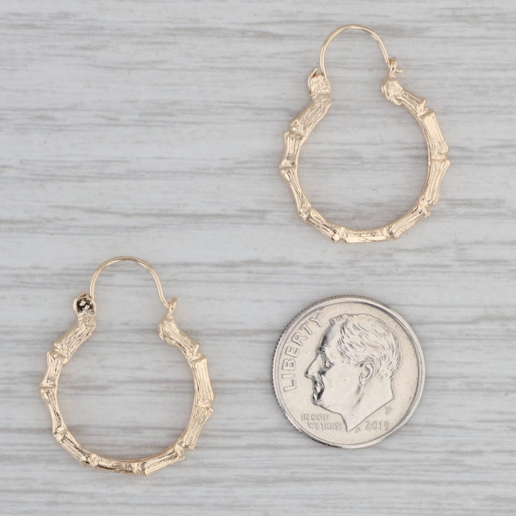 Gray Bamboo Hoop Earrings 14k Yellow Gold Snap Top Round Hoops