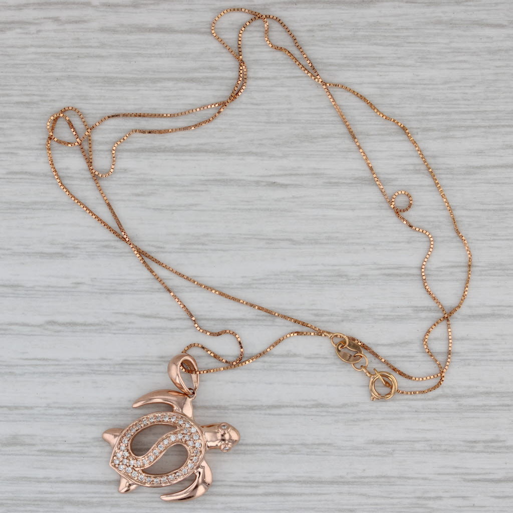 Gray Diamond Sea Turtle Pendant Necklace 14k Rose Gold 18.75" Box Chain