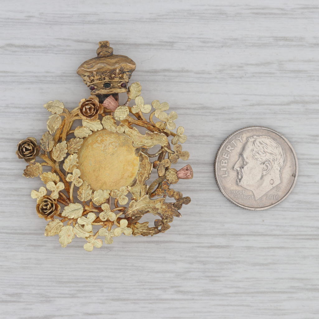 Gray Antique Floral Picture Brooch 14k-20k Gold Glass 1800s Pin Opens Crowned Wreath