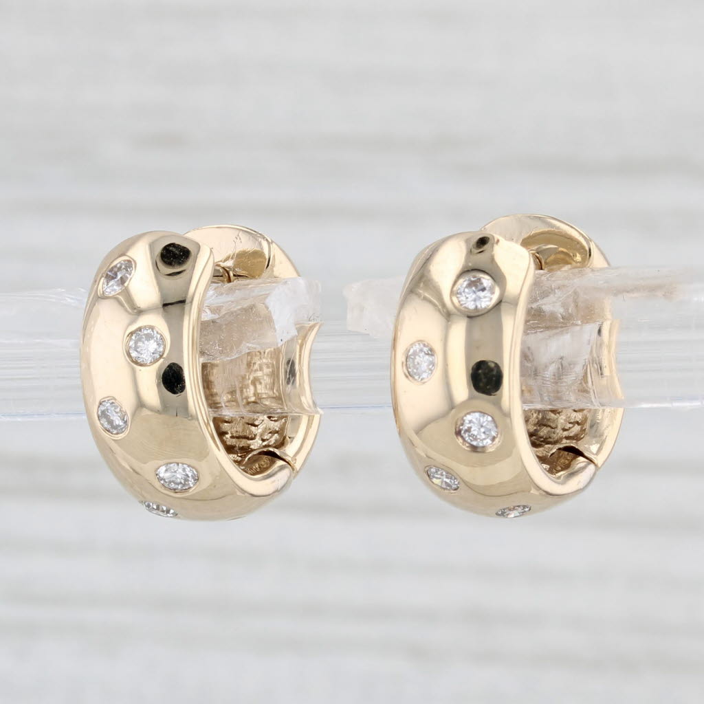 Light Gray Diamond Dots Hoop Huggie Earrings 14k Yellow Gold Hinged Snap Top