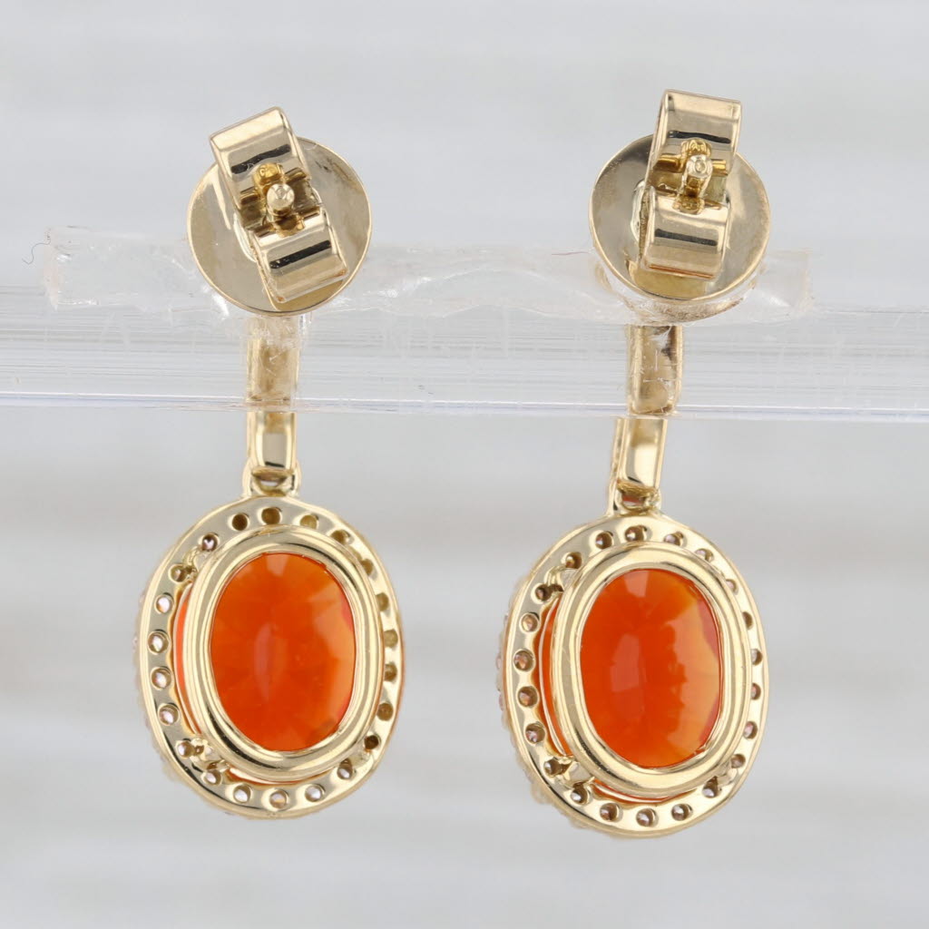 2.65ctw Fire Opal Diamond Halo Drop Earrings 18k Yellow Gold Dangles