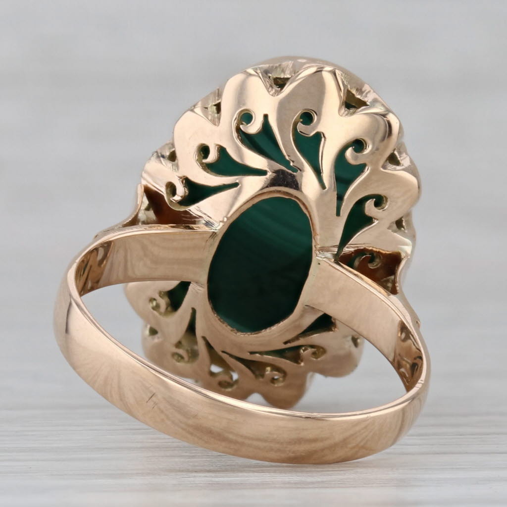 Gray Vintage Malachite Marbled Green Oval Cabochon Ring 12k Yellow Gold Size 7.5