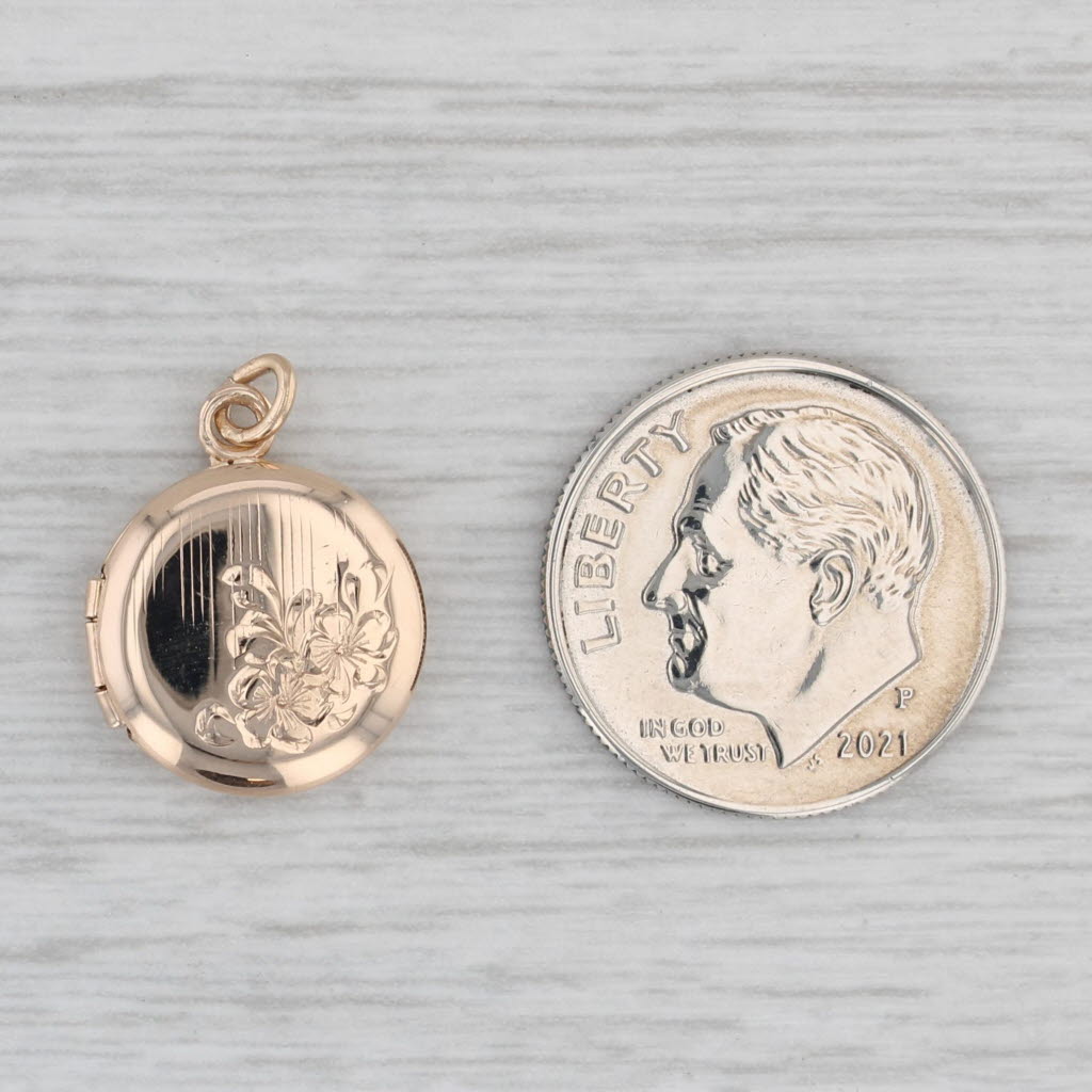 Gray Floral Engraved Small Locket Pendant Charm 10k Yellow Gold Opens