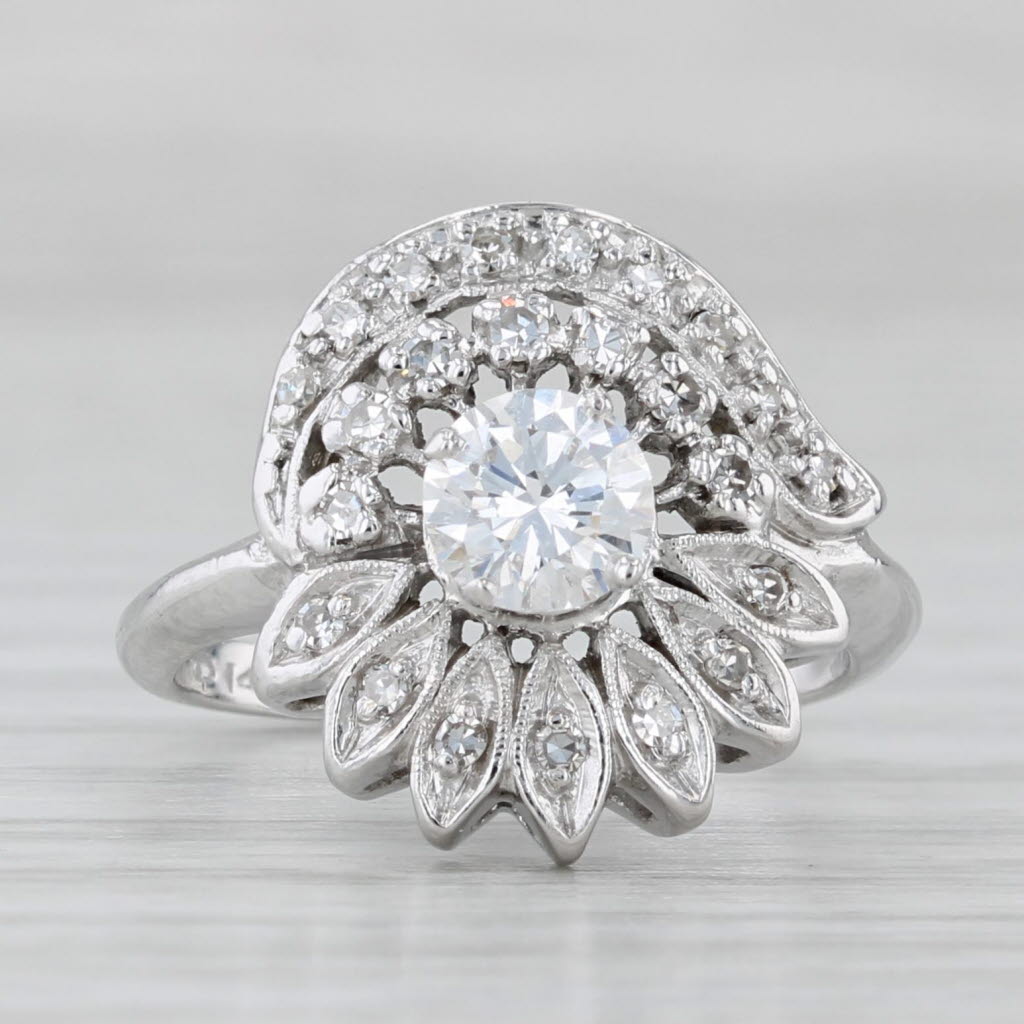 Light Gray Vintage 0.64ctw Round Diamond Flower Engagement Ring 14k White Gold Size 4