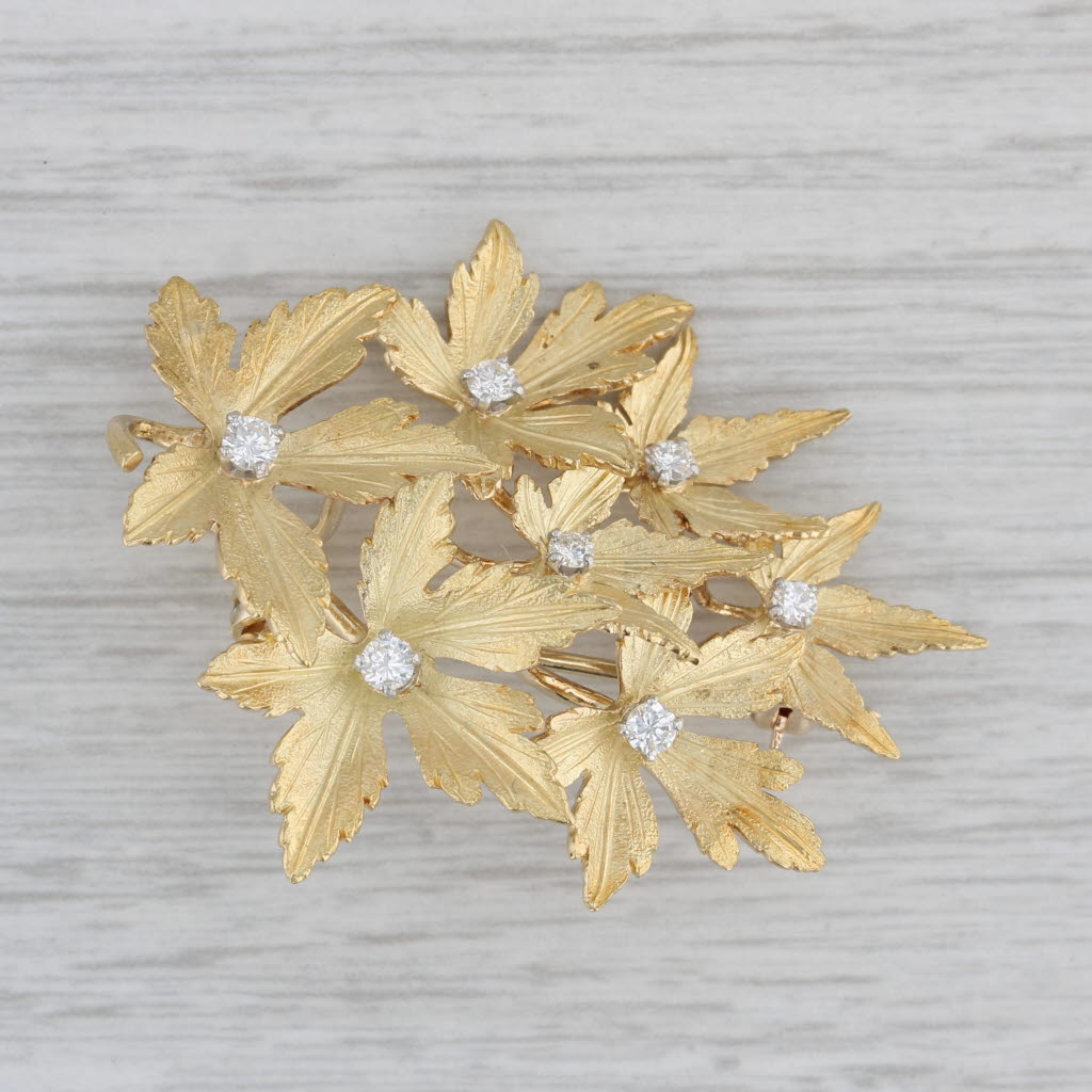 Gray 0.35ctw Diamond Flower Brooch 10k Yellow Gold Floral Statement Pin