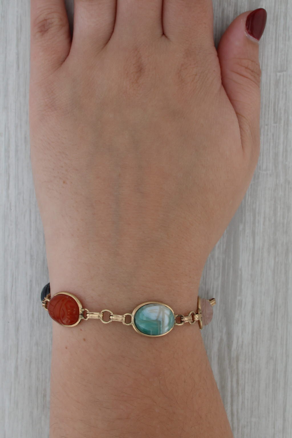 Vintage Carved Scarab Stone Bracelet 14k Gold Filled 6.75" Bloodstone Agate