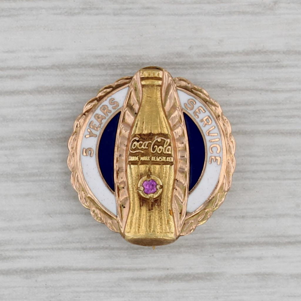 Gray Coca-Cola 5 Years Service Award Pin Lab Created Ruby 10k Yellow Gold Coke Bottle
