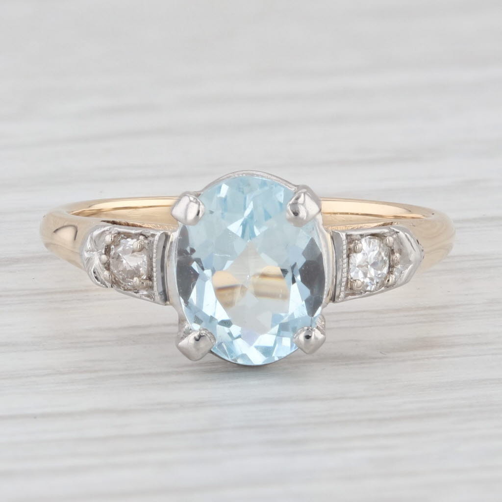 Light Gray Vintage 1.69 ctw Aquamarine Diamond 14K Yellow Gold Platinum Ring Size 6.75