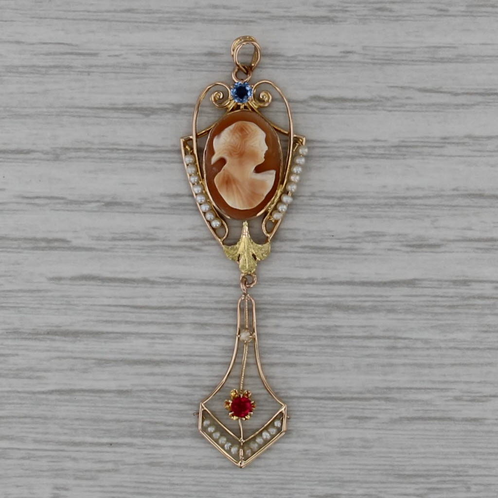 Vintage Carved Shell Cameo Pearl Glass Lavalier Pendant 10k Yellow Green Gold