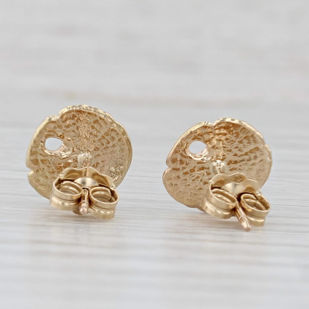 Light Gray Sanddollar Stud Earrings 14k Yellow Gold Nautical Jewelry