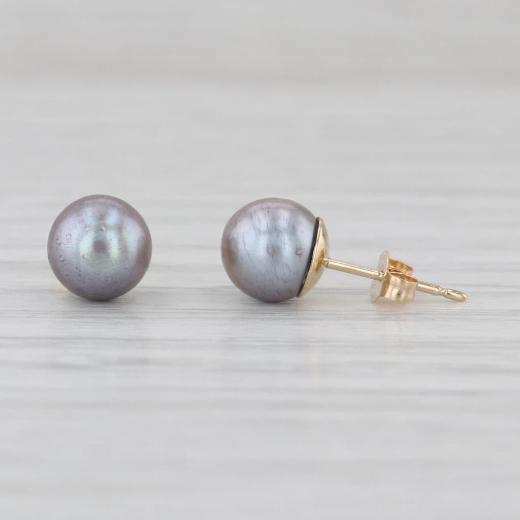 6.2-6.3mm Black Cultured Pearl Stud Earrings 14k Yellow Gold Bead Studs
