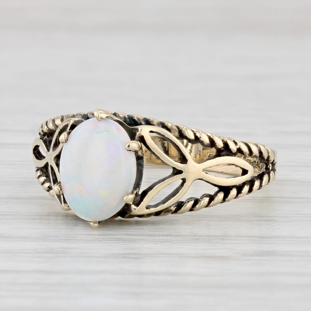 Light Gray Vintage Opal Solitaire Ring 10k Yellow Gold Size 6.5 Oval Cabochon Solitaire