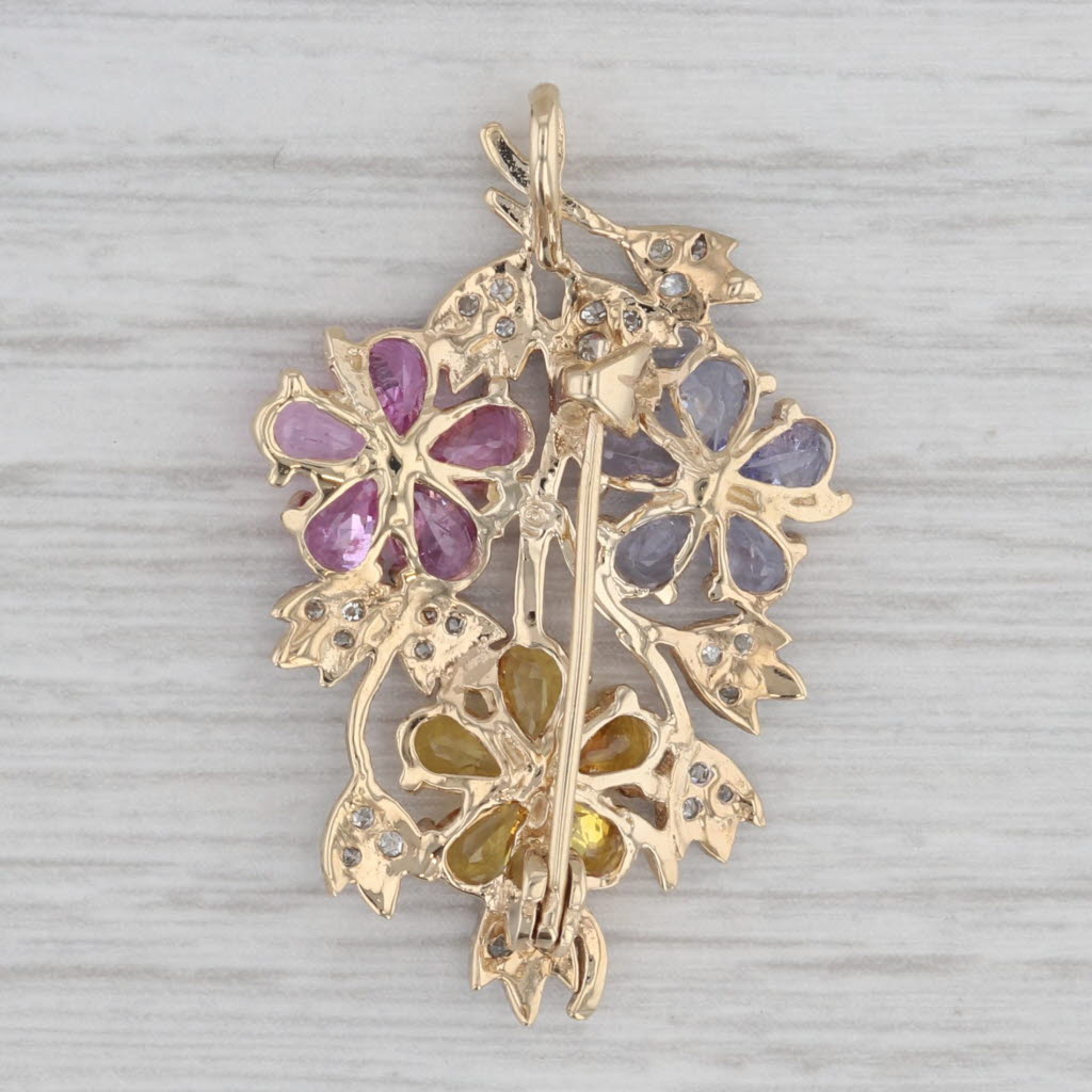 Gray 3.31ctw Sapphire Tanzanite Diamond Flower Brooch Pendant 10k Yellow Gold