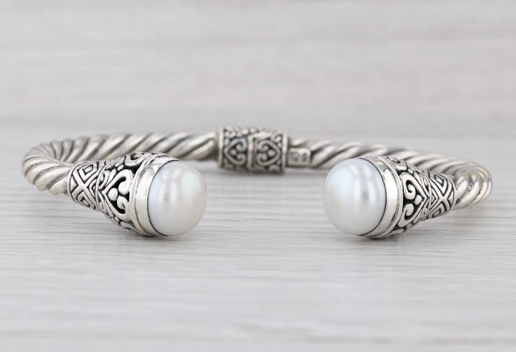 Cultured Pearl Hinged Ornate Cuff Bracelet Sterling Silver 7.25"