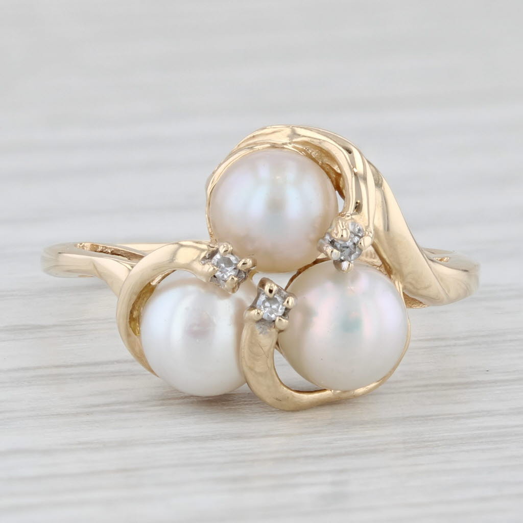 Light Gray Cultured Pearl 3-Stone Diamond Ring 10k Yellow Gold Size 7.5