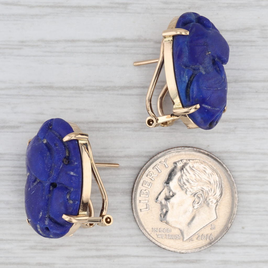 Vintage Carved Oval Lapis Lazuli Earrings 14k Yellow Gold Omega Backs