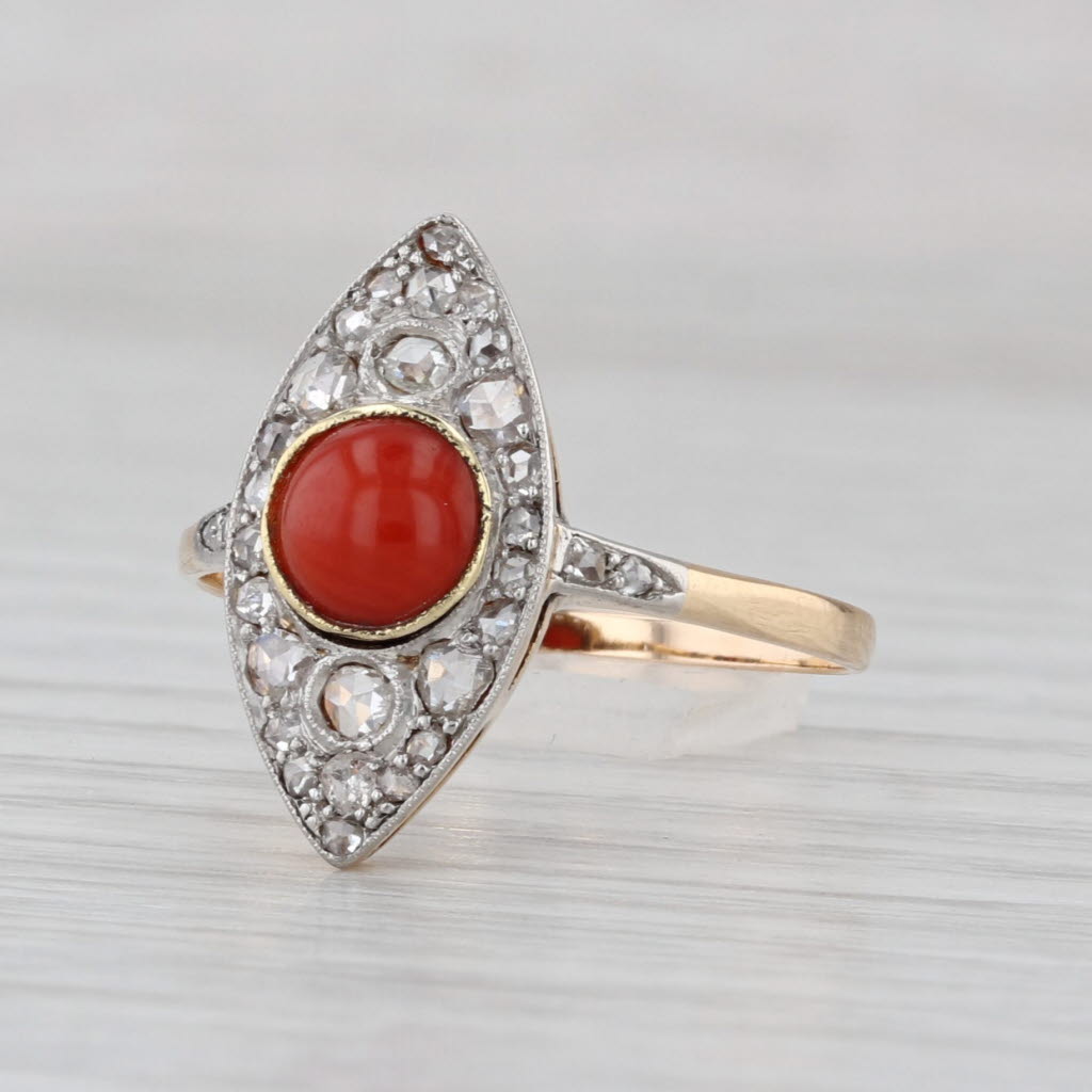 Antique Red Coral Diamond Ring 18k Yellow Gold Platinum Size 8.75