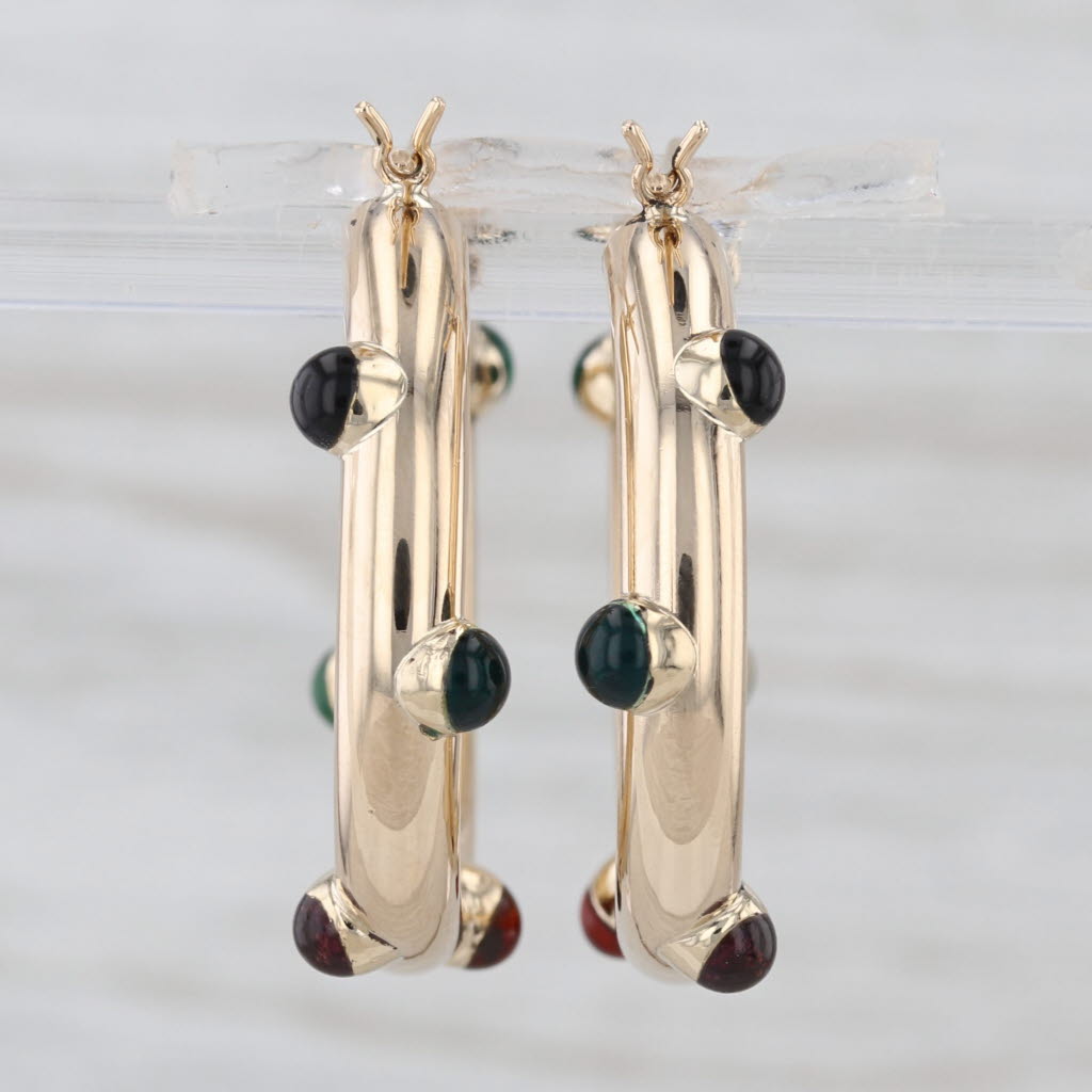 Multicolor Domed Resin Hoop Earrings 14k Yellow Gold Snap Top Round Hoops