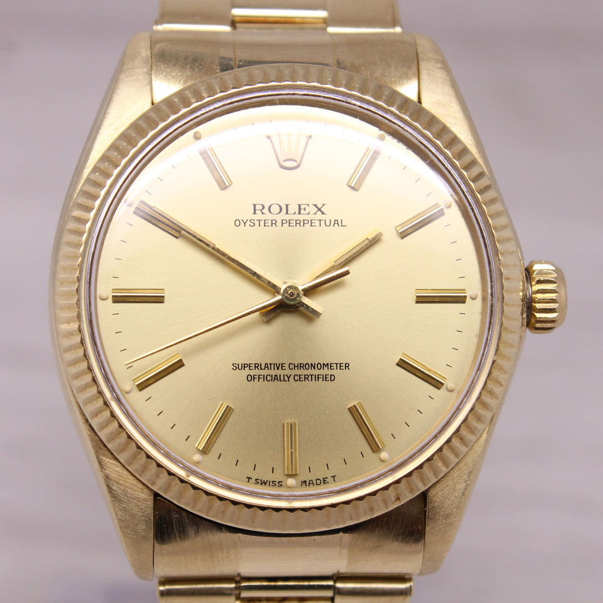 Vintage 1982 Rolex Oyster Perpetual 1005 34mm 14k Yellow Gold w Rivet Bracelet