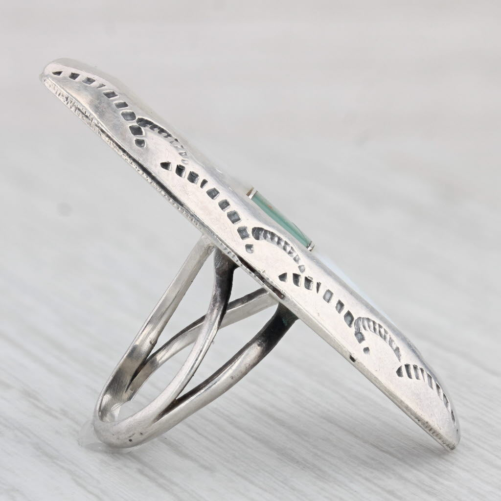 Light Gray Vintage Turquoise Mother of Pearl Stamped Ring Sterling Silver Size 6 Statement