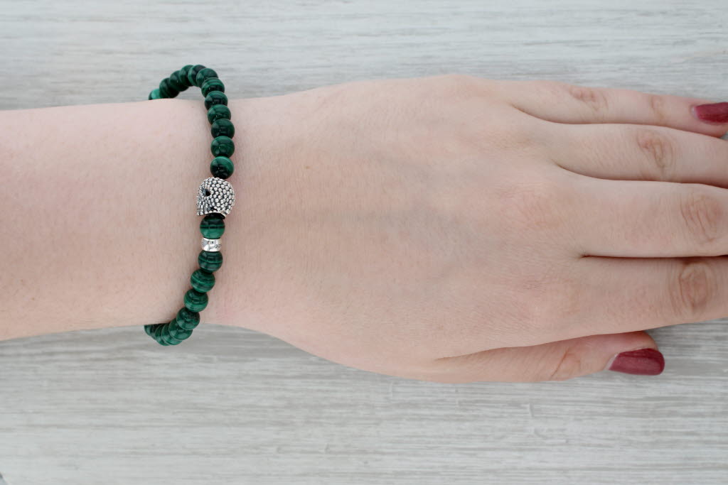 New Lagos Caviar Malachite Skull Bead Bracelet Pouch Sterling Silver 05-81388-W8