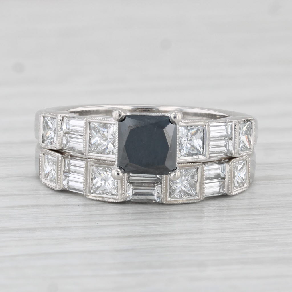 Light Gray 2.54ctw Princess Black Diamond Engagement Ring Wedding Band Set 18k White Gold