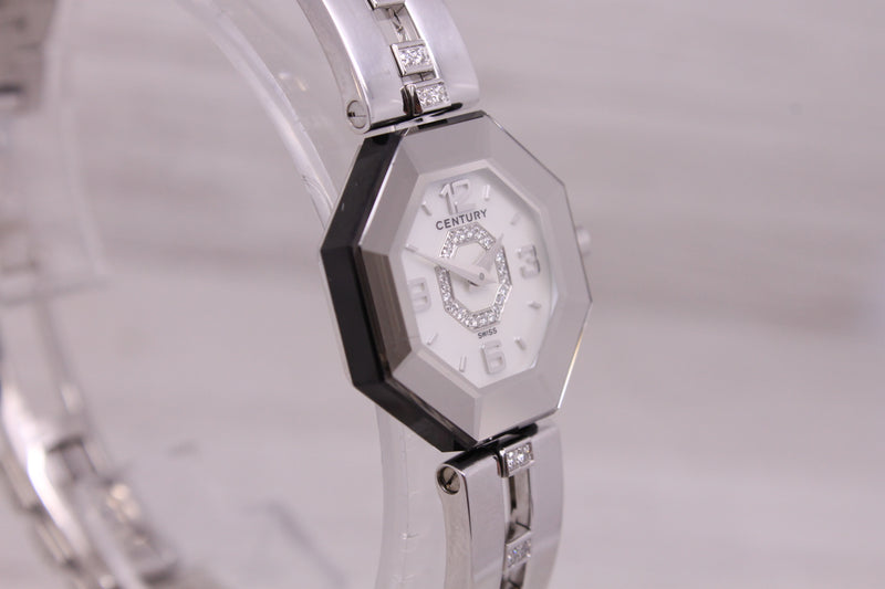 Century Time Gem 18k White Gold Ladies Quartz Watch w Floating Diamonds MOP Dial