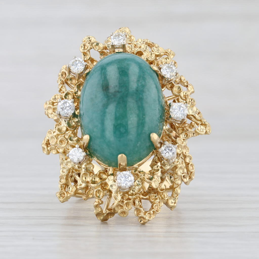 Green Jadeite Jade Cabochon Diamond Cocktail Ring 18k Yellow Gold Size 8.5