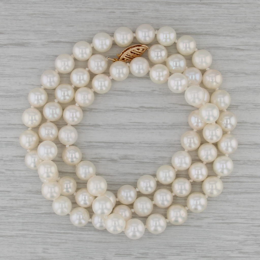 Cultured Pearl Single Strand Bead Necklace 14k Yellow Gold Clasp 7.1-7.4mm 22.5"