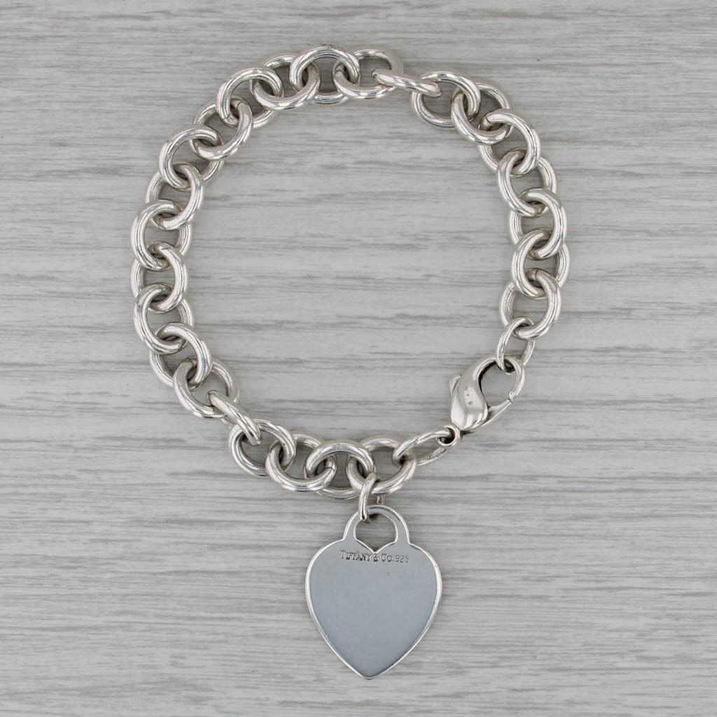 Tiffany & Co Engravable Heart Charm Bracelet Sterling Silver 6.75" Cable Chain