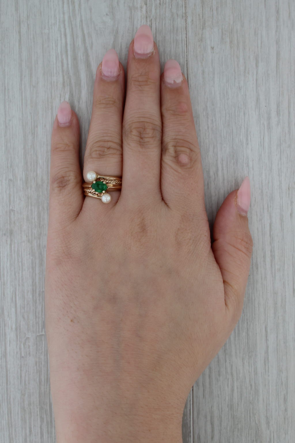 Green Jadeite Jade Pearl Bypass Ring 14k Yellow Gold Size 6
