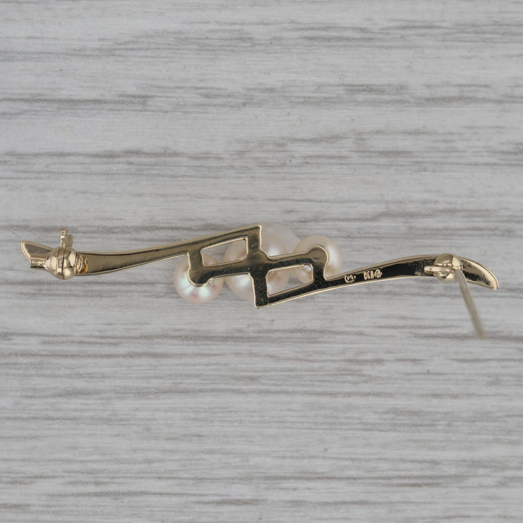 Dark Gray Vintage Mikimoto Cultured Pearl Bar Brooch w/ Box 14k Yellow Gold