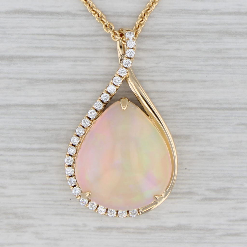 Gray Opal 0.25ctw Diamond Teardrop Pendant Necklace 14k Gold 17.75" Cable Chain