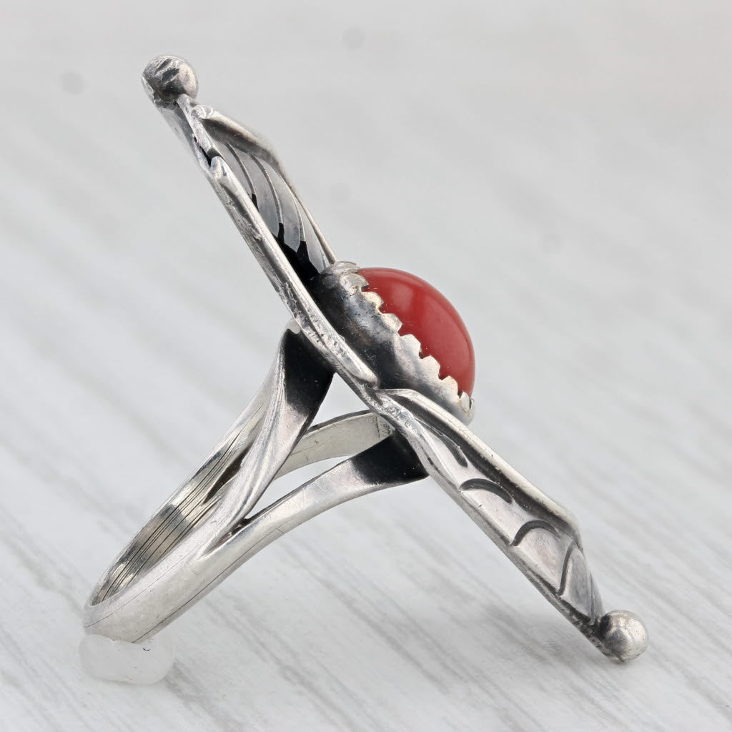 Light Gray Vintage Native American Red Coral Ring Sterling Silver Size 5.25 Statement