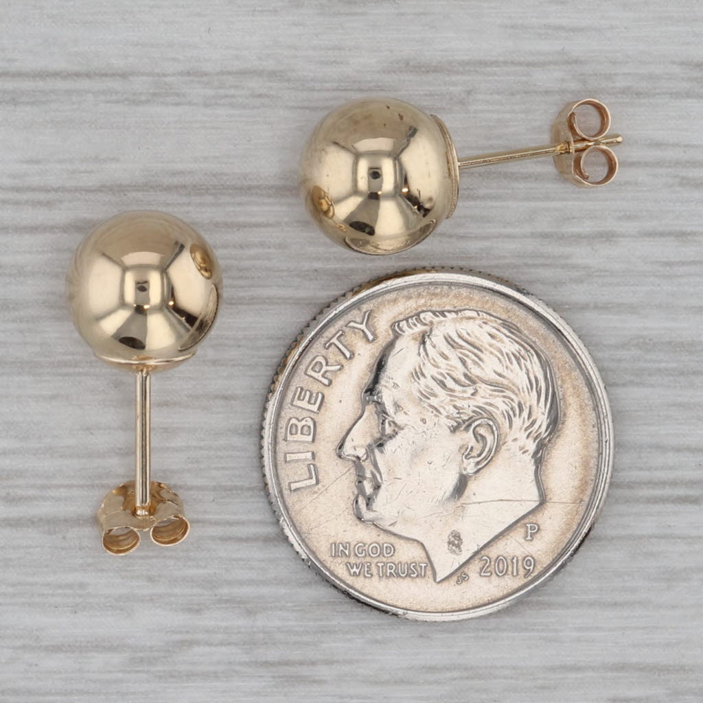 Dark Gray 7.8mm Bead Stud Earrings 14k Yellow Gold